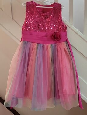EUC Girls' Pink Sequin & Tulle Party Dress with Floral Sash